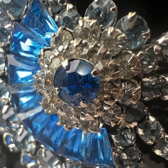 Vintage Rare Early Sherman Brooch Earrings Dome Signed Blue Rhinestones - Picture 5 of 17